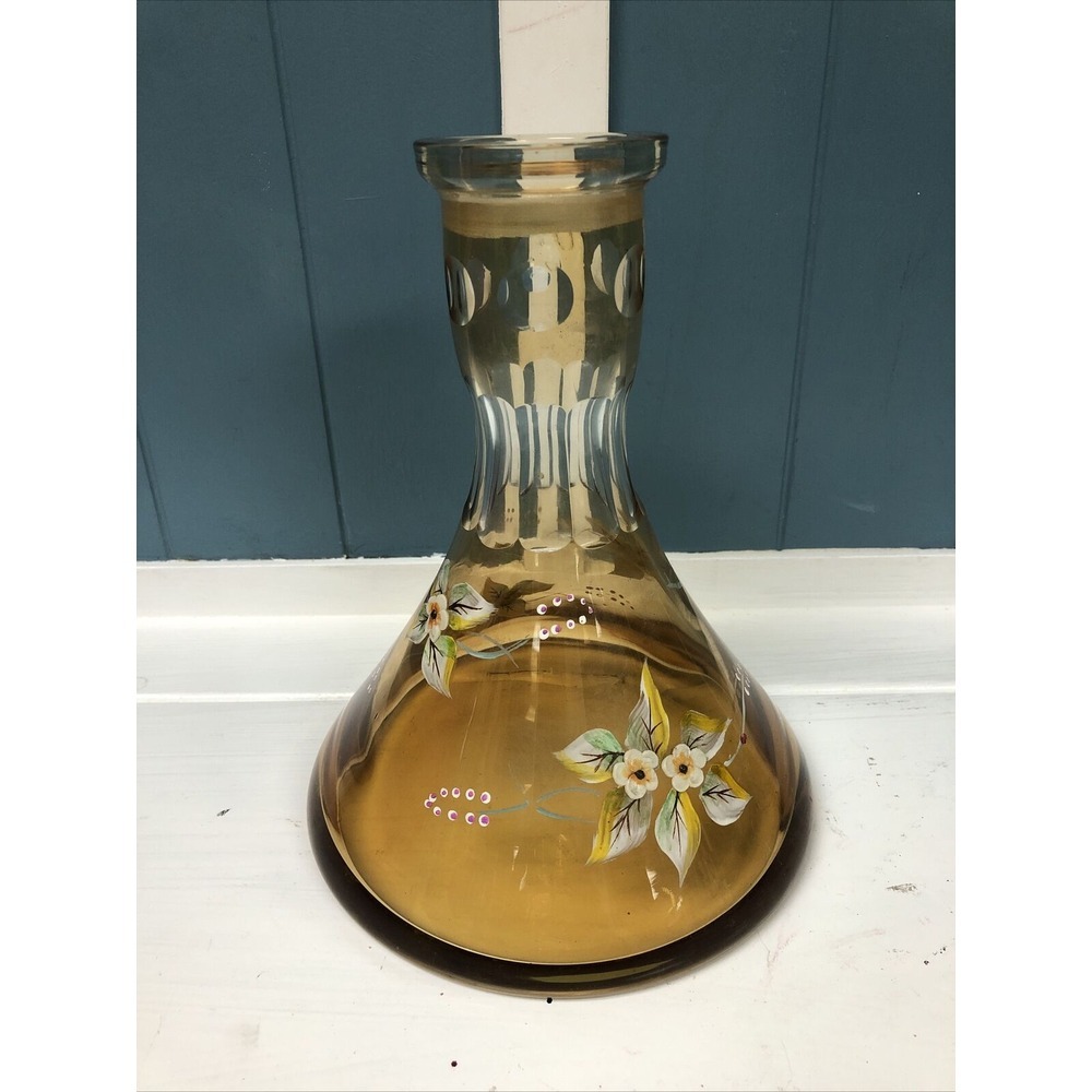 VIntage 9.5" Amber Glass Decanter 3D Hand painted Flowers Gold Trim